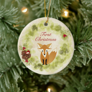 Personalised Fox and Wreath Baby's First Christmas Ceramic Tree Decoration