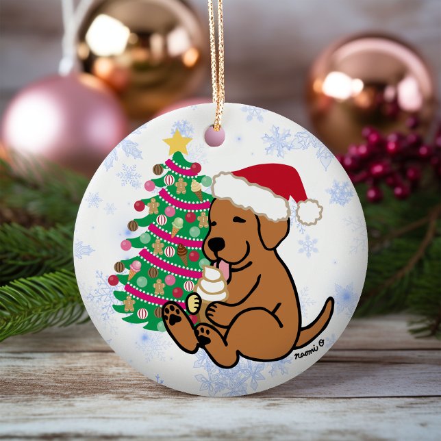 Personalised Fox Red Labrador Ice Cream Ceramic Ornament (Personalized Fox Red Labrador Ice Cream Christmas Ornament for Labrador Owners.  Cartoon Style.)
