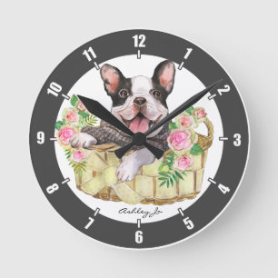 Personalised French Bulldog Floral Basket Round Clock