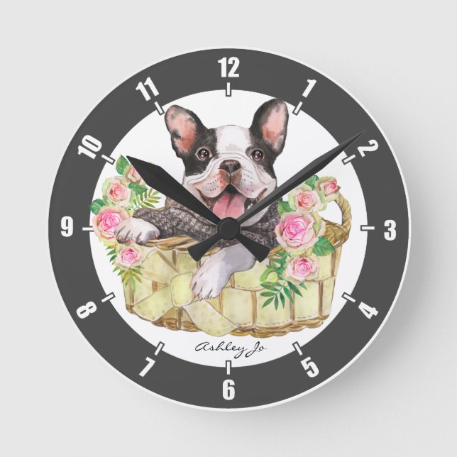 Personalised French Bulldog Floral Basket Round Clock (Front)