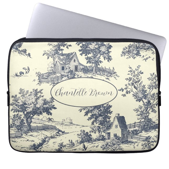 Personalised French Farmhouse Blue Toile de Jouy Laptop Sleeve (Front)