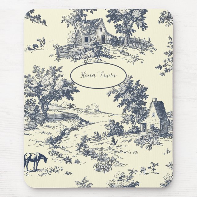 Personalised French Farmhouse Blue Toile de Jouy Mouse Pad (Front)