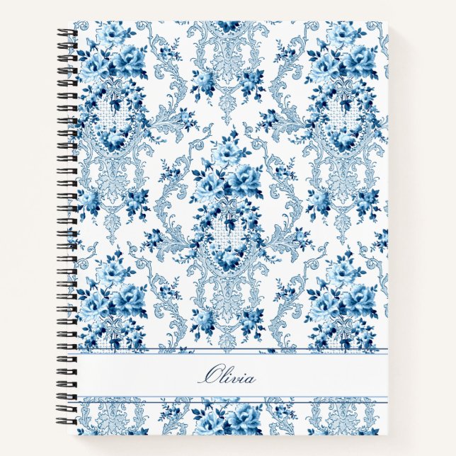Personalised French Rococo Blue & White Floral Not Notebook (Front)