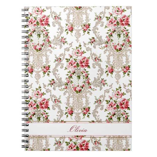 Personalised French Rococo Floral-White Background Notebook (Front)