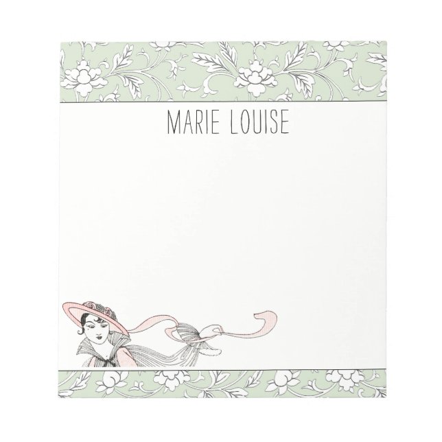Personalised French Vintage Green Floral Lady Notepad (Front)
