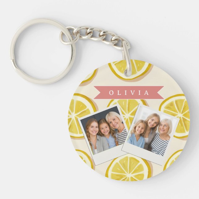 Personalised Fresh Lemon Slice Pattern Bright Key Ring (Front)
