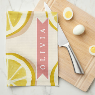 Personalised Fresh Lemon Slice Pattern Bright Tea Towel