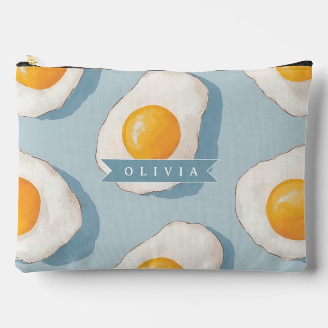 Personalised Fried Egg Pattern Fun Blue Funny Accessory Pouch (Front)