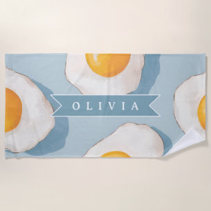 Personalised Fried Egg Pattern Fun Blue Funny  Beach Towel