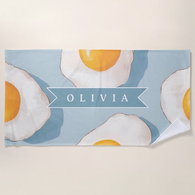 Personalised Fried Egg Pattern Fun Blue Funny  Beach Towel (Front)