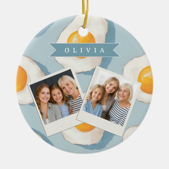Personalised Fried Egg Pattern Fun Blue Funny  Ceramic Ornament (Front)