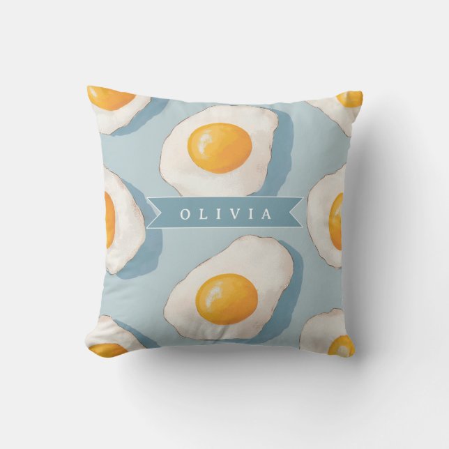 Personalised Fried Egg Pattern Fun Blue Funny Cushion (Front)