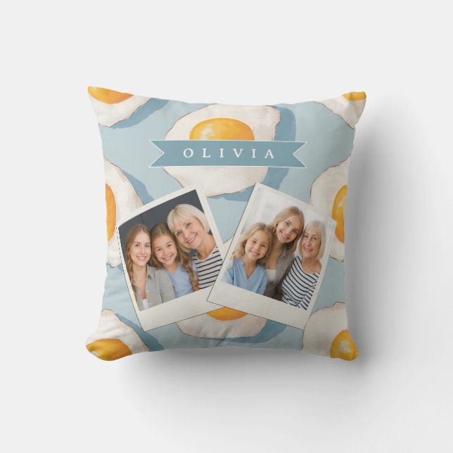 Personalised Fried Egg Pattern Fun Blue Funny Cushion (Front)