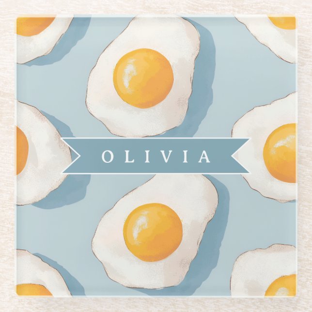 Personalised Fried Egg Pattern Fun Blue Funny  Glass Coaster (Front)