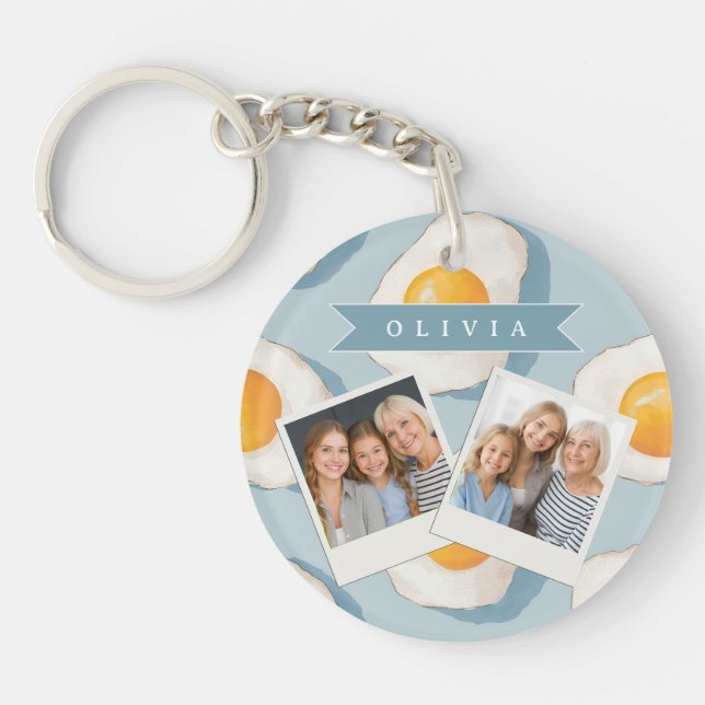 Personalised Fried Egg Pattern Fun Blue Funny Key Ring (Front)