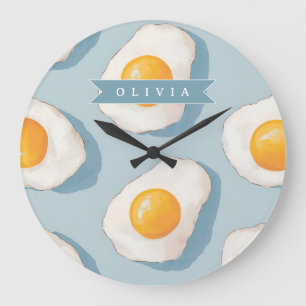 Personalised Fried Egg Pattern Fun Blue Funny  Large Clock