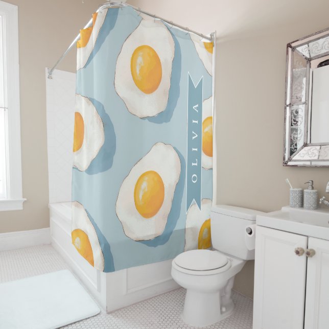 Personalised Fried Egg Pattern Fun Blue Funny Shower Curtain (In Situ)