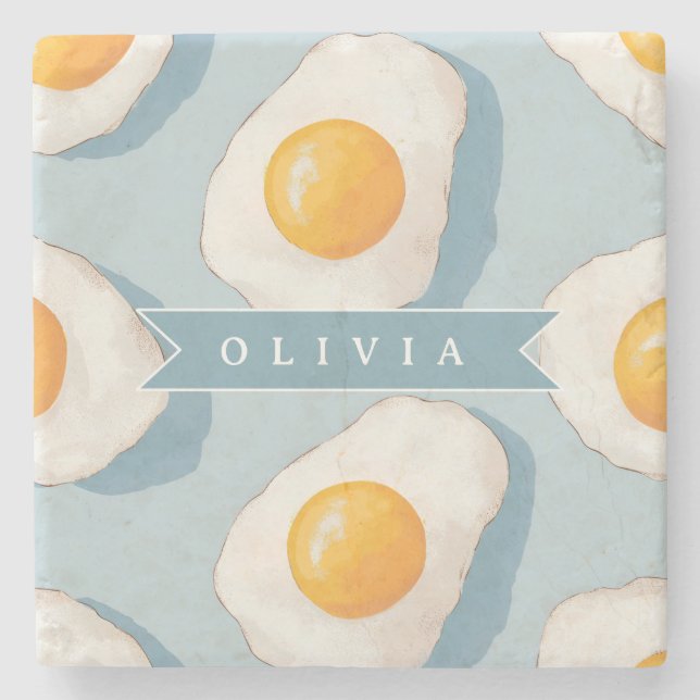 Personalised Fried Egg Pattern Fun Blue Funny  Stone Coaster (Front)