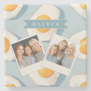 Personalised Fried Egg Pattern Fun Blue Funny Stone Coaster