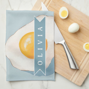 Personalised Fried Egg Pattern Fun Blue Funny Tea Towel