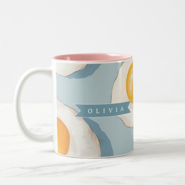 Personalised Fried Egg Pattern Fun Blue Funny  Two-Tone Coffee Mug (Left)