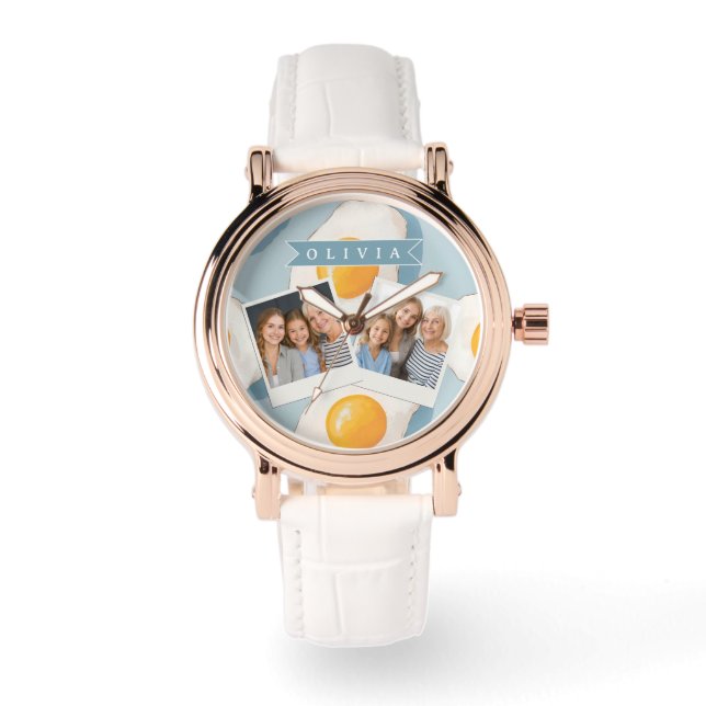 Personalised Fried Egg Pattern Fun Blue Funny Watch (Front)