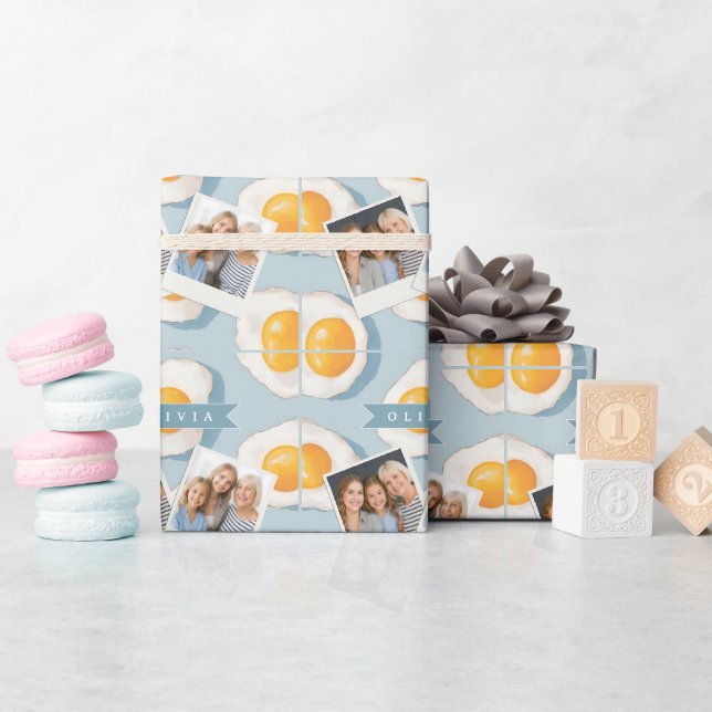 Personalised Fried Egg Pattern Fun Blue Funny  Wrapping Paper (Baby Shower)