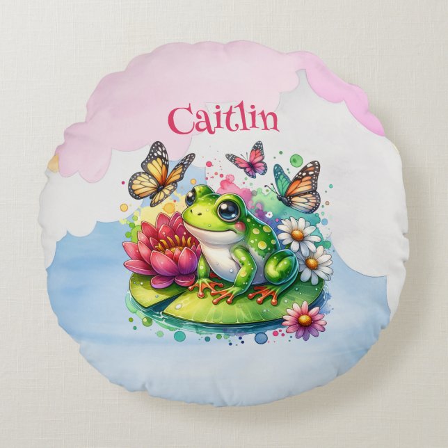 Personalised Frog, Flowers and Butterflies Baby Round Cushion (Front)