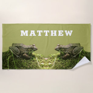 Personalised Frog on a Mossy Rock Photo Beach Towel