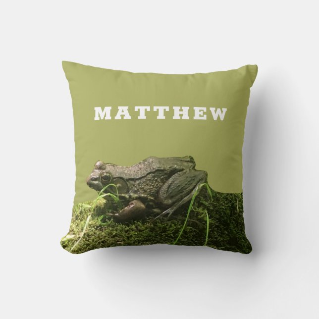Personalised Frog on a Mossy Rock Photo Green Cushion (Front)
