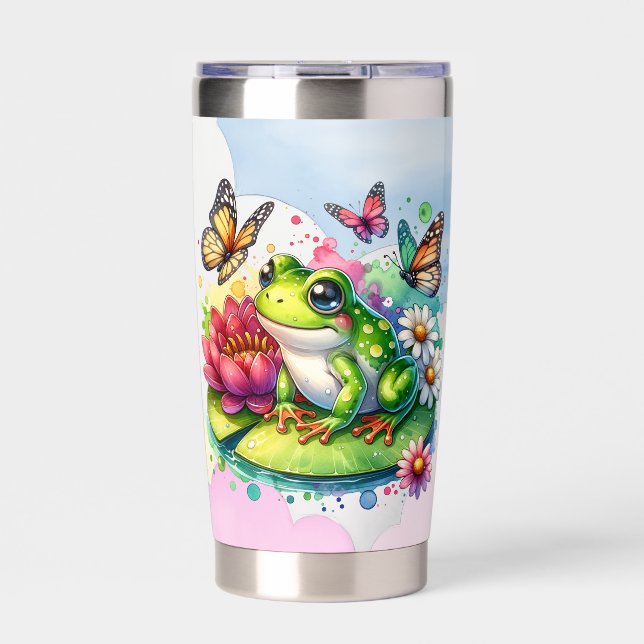 Personalised Frog with Flowers on Lilypad Insulated Tumbler (Front)