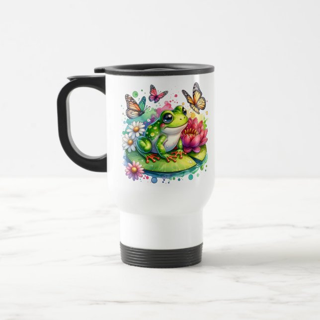 Personalised Frog with Flowers on Lilypad Travel Mug (Left)
