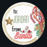 Personalised from Santa gold glitter Christmas Classic Round Sticker<br><div class="desc">Sometimes we have to be the physical helper for Santa! Personalised stickers from Santa will surely make this easier! Don't just say it...  Prove it with a visual mark on your children's presents from Santa himself! Surely a Best Mum ever move! Merry Christmas!</div>