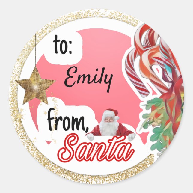 Personalised from Santa pink gold star Christmas Classic Round Sticker (Front)