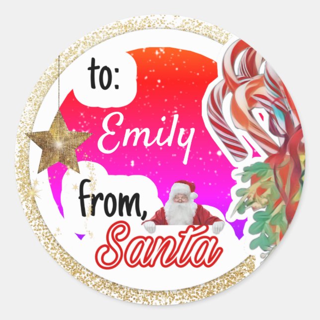 Personalised from Santa rainbow gold  Christmas Classic Round Sticker (Front)