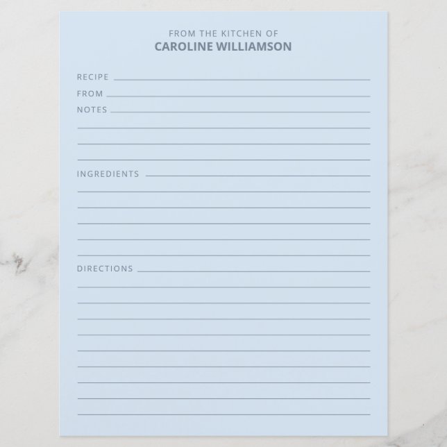 Personalised From the Kitchen of Name Blue Recipe (Front)