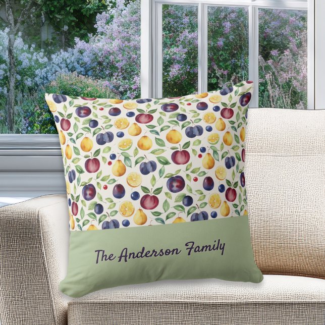 Personalised Fruits and Leaves Pattern Cushion (A stylish throw pillow with custom family name, with fruits and leaves pattern)