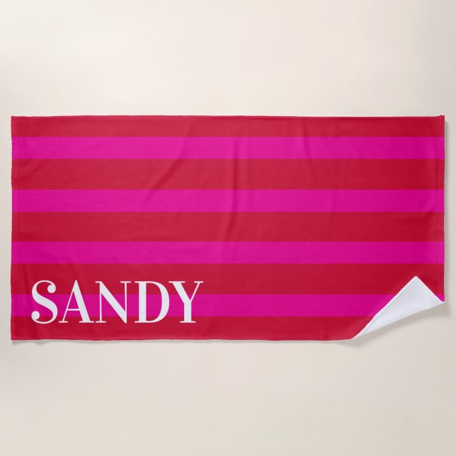 Personalised fuchsia pink stripes  beach towel (Front)