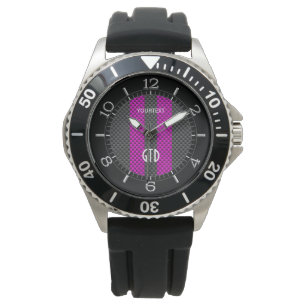 Personalised Fuchsia Racing Stripes Carbon Style Watch