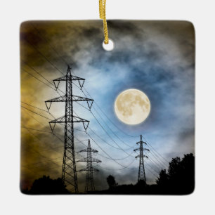 Personalised Full Moon and Power Lines Christmas Ceramic Ornament