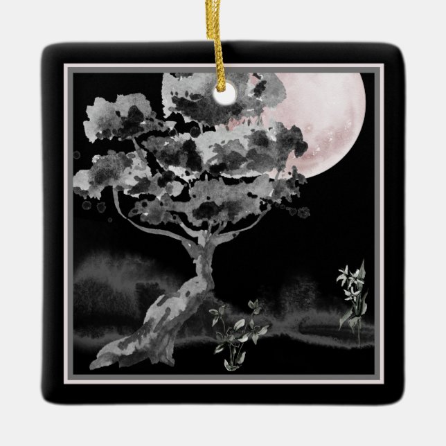 Personalised Full Moon and Tree Japanese Christmas Ceramic Ornament (Front)