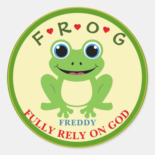 Personalised Fully Rely on God Boy Frog Classic Round Sticker (Front)