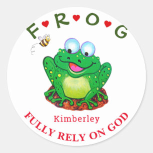 Personalised Fully Rely on God Frog Classic Round  Sticker