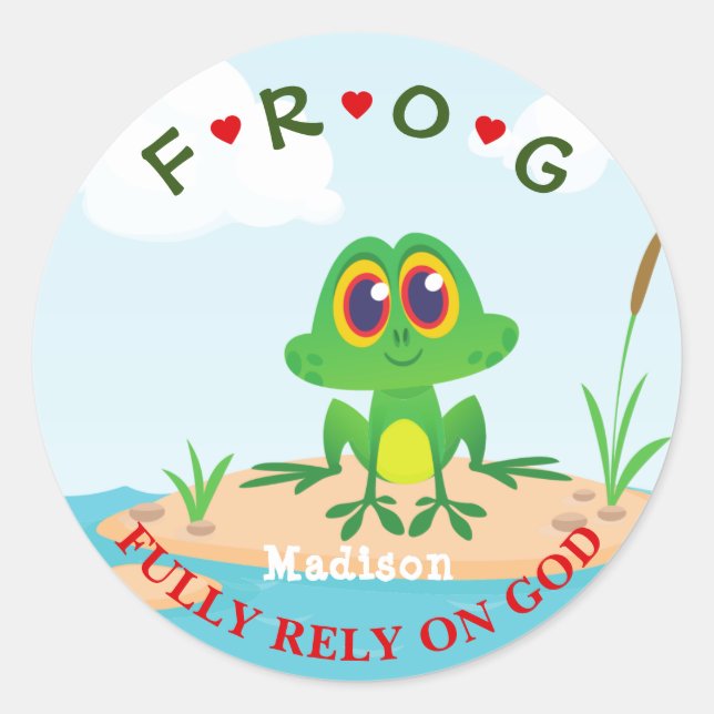 Personalised Fully Rely on God Frog Pond Classic Round Sticker (Front)