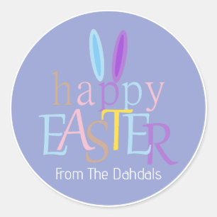 Personalised Fun Bunny Ears Happy Easter Rock Blue Classic Round Sticker