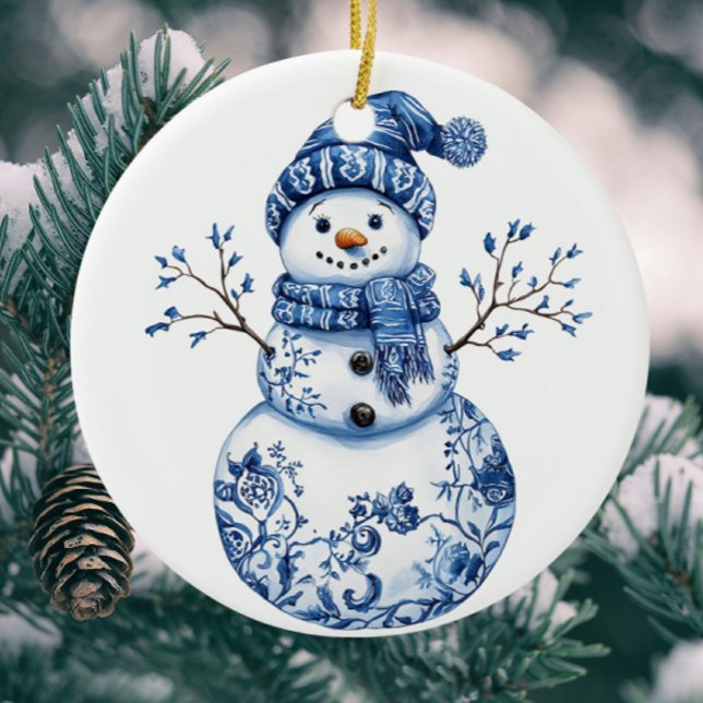 Personalised Fun Chinoiserie Blue White Snowman Ceramic Ornament (Personalize with your own message on the back!)