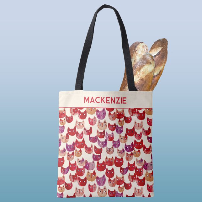 Personalised Fun Colourful Watercolor Cat Pattern Tote Bag (Fun personalized custom name kitty cat watercolor pattern colorful tote bag)