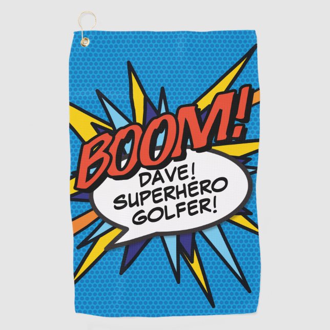 Personalised Fun Comic Book BOOM Golf Towel (Front)
