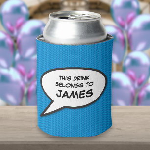 Personalised Fun Comic Book Speech Bubble Blue Can Cooler