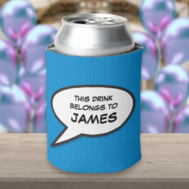 Personalised Fun Comic Book Speech Bubble Blue Can Cooler (Personalized Fun Comic Book Speech Bubble Blue Can Cooler)